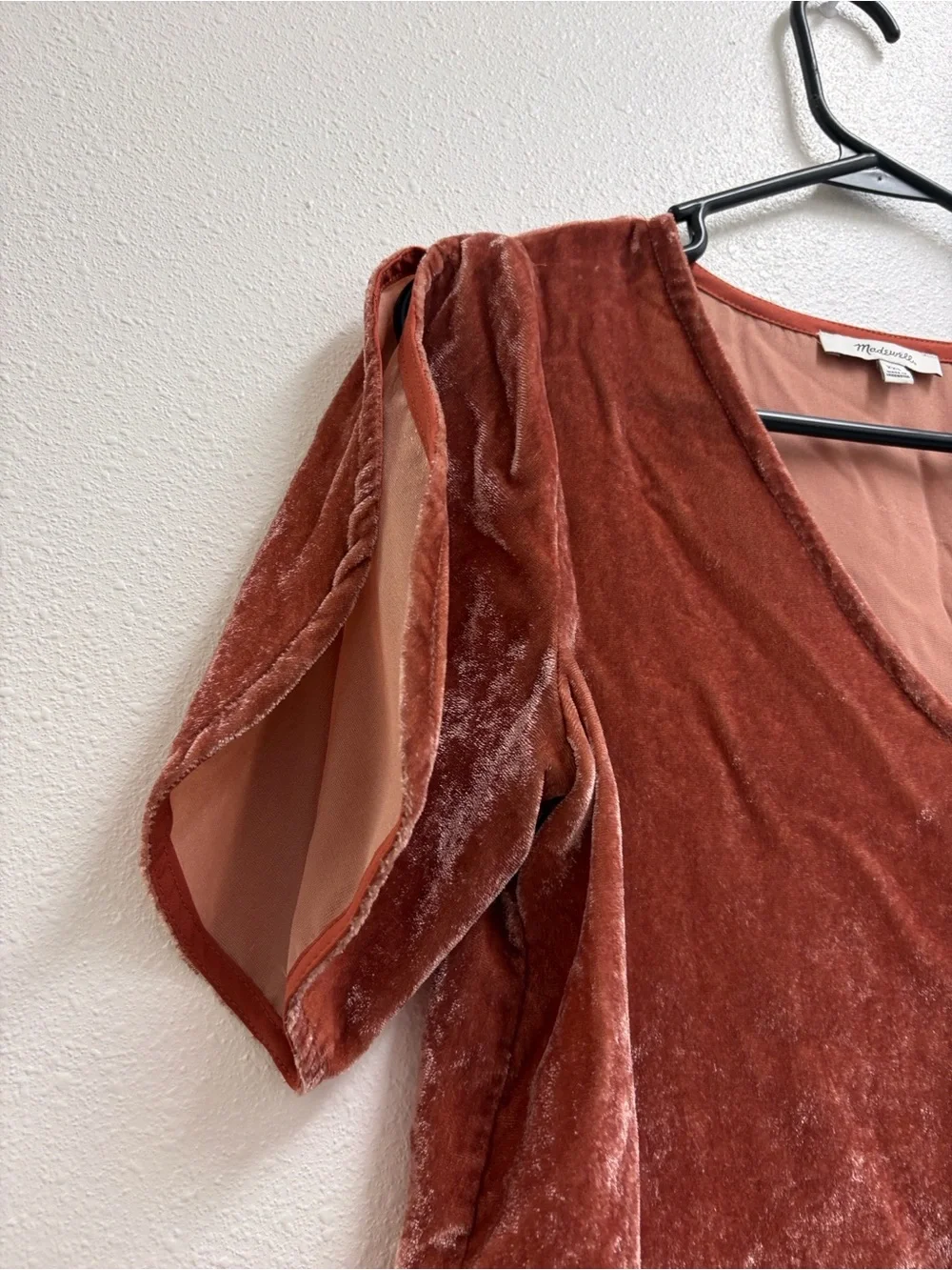 Madewell Crushed Velvet Deep V-Neck Split Sleeve Ruffle Hem Rusty Orange XXS